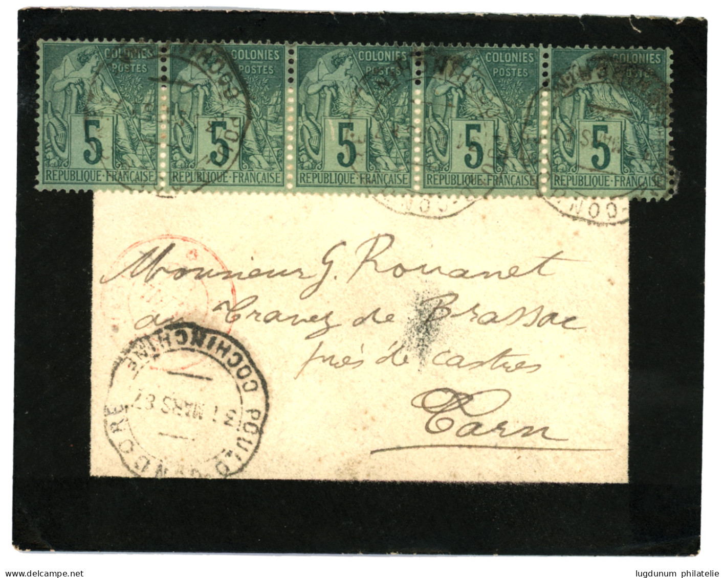 POULO-CONDORE : 1887 CG Bande De 5 Du 5c Obl. Cachet TELEGRAPHIQUE POULO-CONDORE COCHINCHINE Sur Enveloppe Pour La FRANC - Andere & Zonder Classificatie