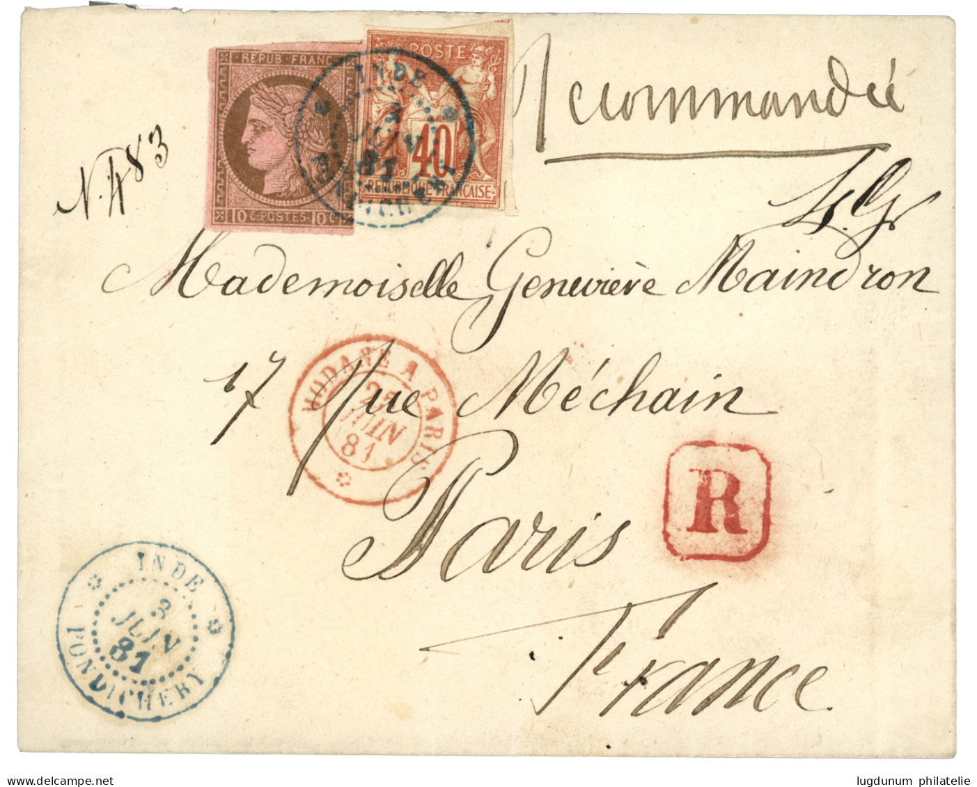 INDE : 1881 CG 10c CERES + 40c SAGE Pd Obl. INDE PONDICHERY Sur Enveloppe RECOMMANDEE Pour La FRANCE. Trés Rare En RECOM - Other & Unclassified