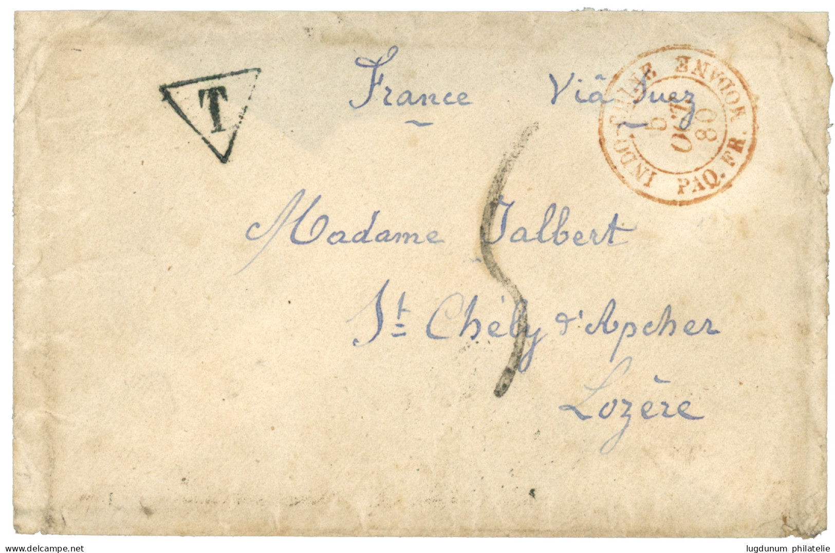 REUNION : 1880 Cachet Rare INDOCHINE PAQ. FR. MODANE En Rouge + T + Taxe 5 Sur Enveloppe (pd) De ST DENIS Pour La FRANCE - Autres & Non Classés