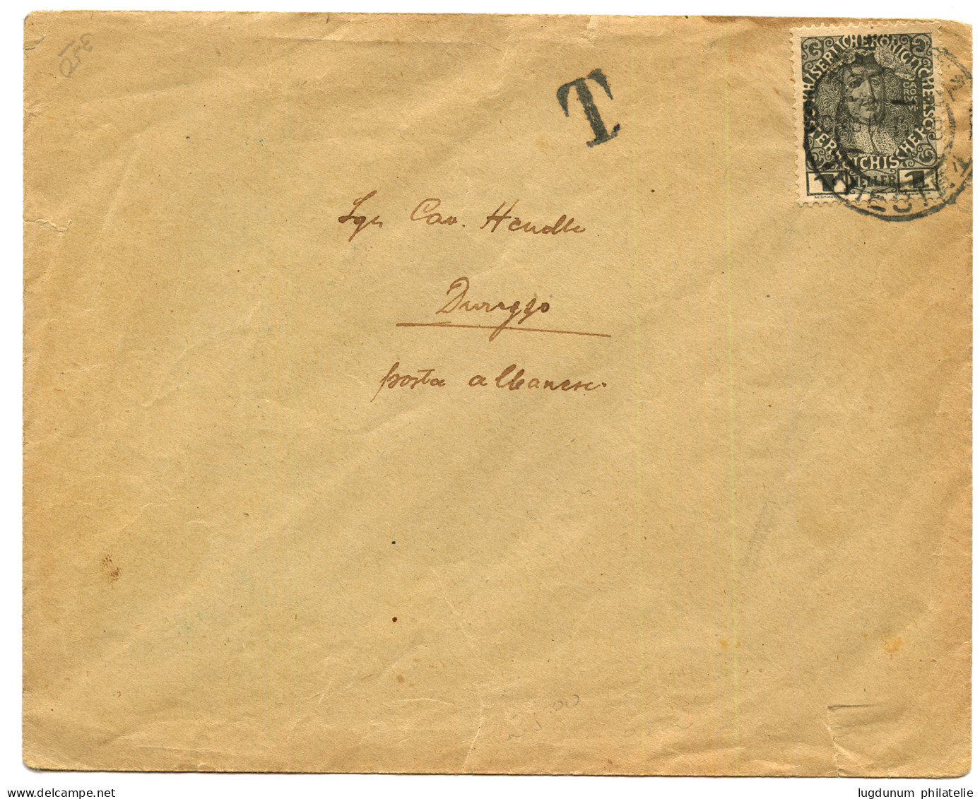 ALBANIA : 1914 AUSTRIA 1h Canc. TRIESTE + "T" Tax Marking On Envelope (PRINTED MATTER Rate) On Envelope To DURAZZO Taxed - Albanien