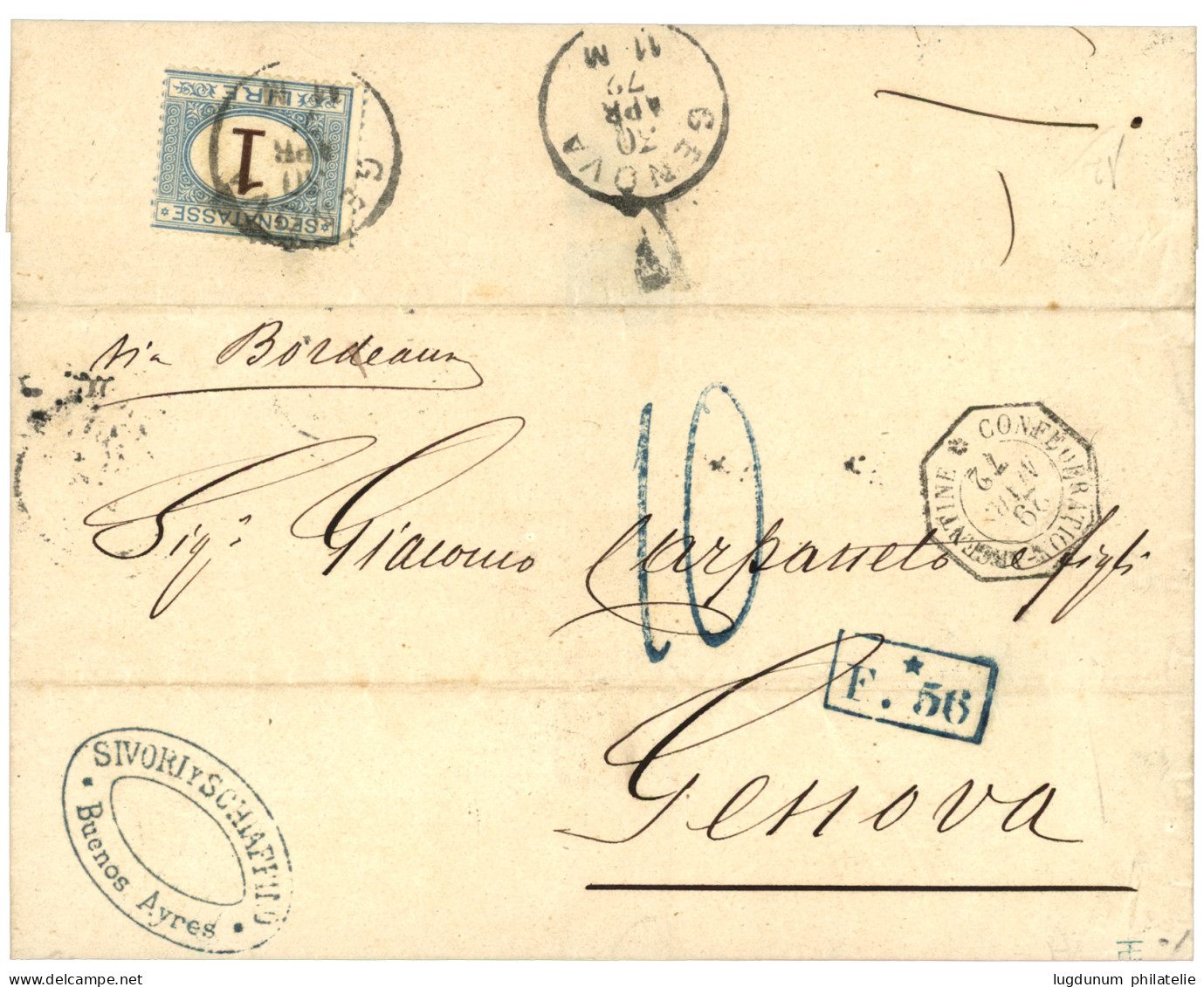 ARGENTINA : 1872 French Consular Cds CONDEDERATION-ARGENTINE + Boxed F.56 + 10 Blue Tax Marking On Entire From BUENOS-AY - Other & Unclassified