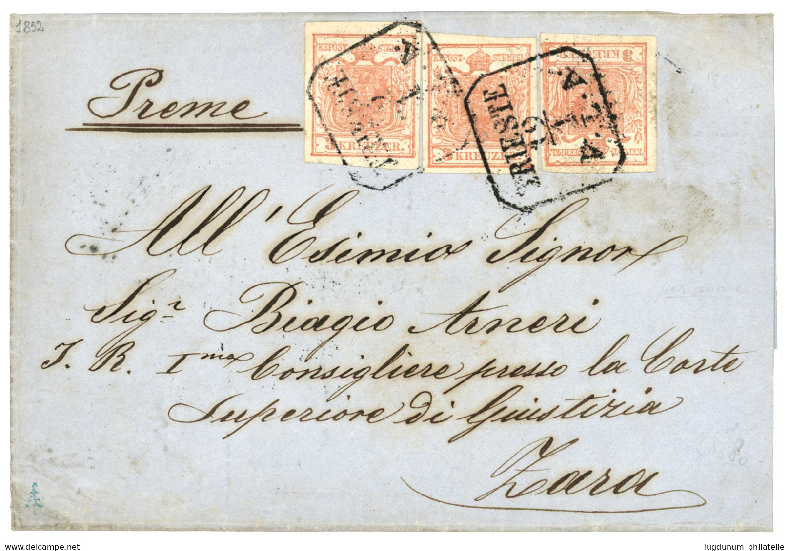 AUSTRIA 3 Kr (x3) Canc. TRIESTE/ V.L.A On Entire To ZARA. Vvf. - Sonstige & Ohne Zuordnung