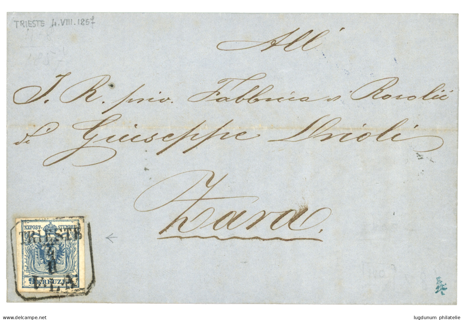 AUSTRIA : 1857 9 Kr Canc. TRIESTE/ V.L.A On Entire Letter From TRIESTE To ZARA. Vvf. - Otros & Sin Clasificación