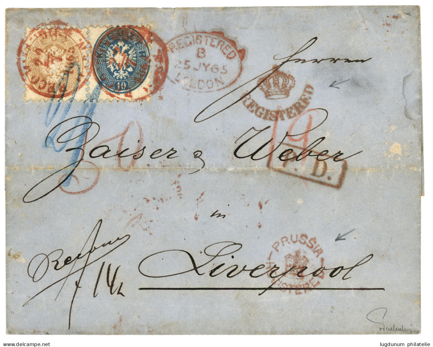 AUSTRIA - PRUSSIA REGISTERED : 1865 10kr + 15kr + Verso 10kr Canc. Red Cachet RECOMMANDIRT WIEN + Rare Crown Cachet PRUS - Autres & Non Classés