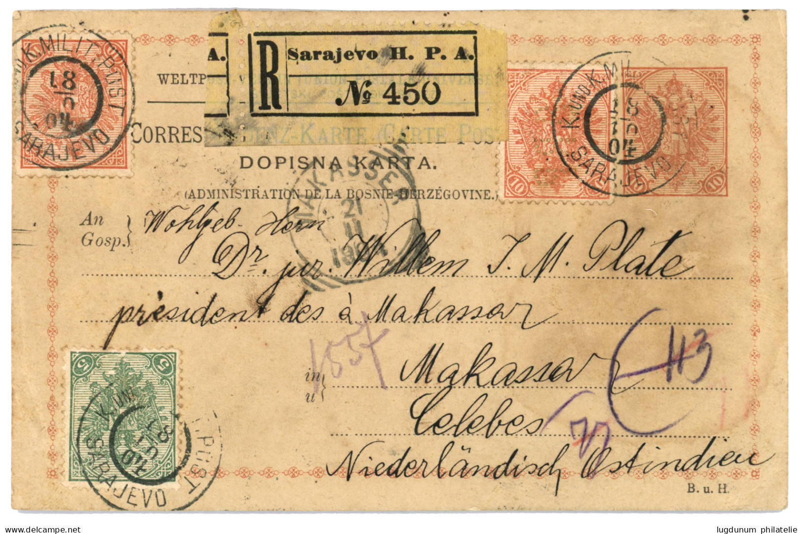 BOSNIA To NETHERLAND INDIES : 1904 P./Stat. 10k + 5k + 10k (x2) Sent REGISTERED From SARAJEVO To MAKASSAR CELEBES. Extre - Bosnia Herzegovina