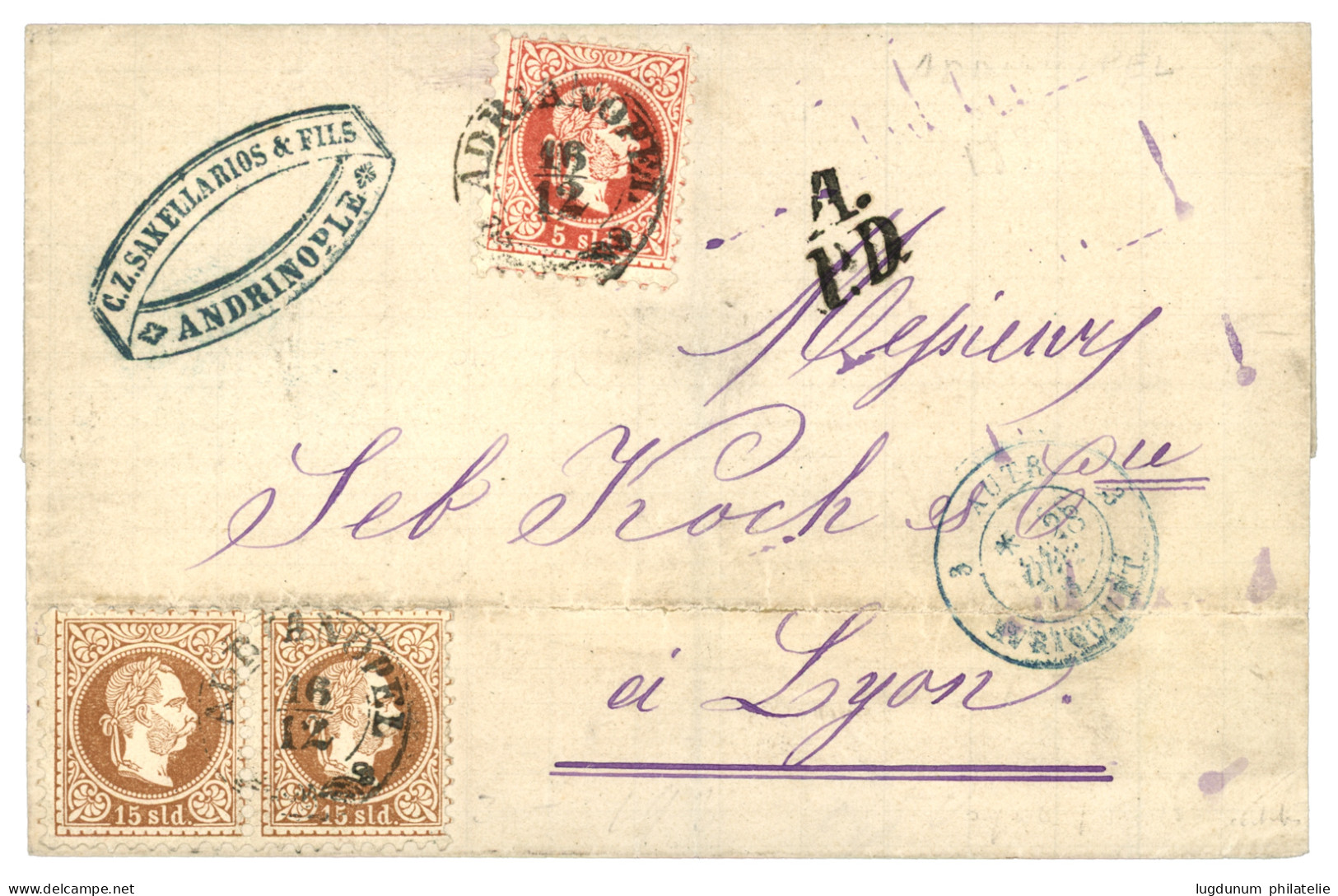 ADRIANOPEL : 1875 5s + Pair 15s Canc. ADRIANOPEL On Cover To FRANCE. Vf. - Levant Autrichien