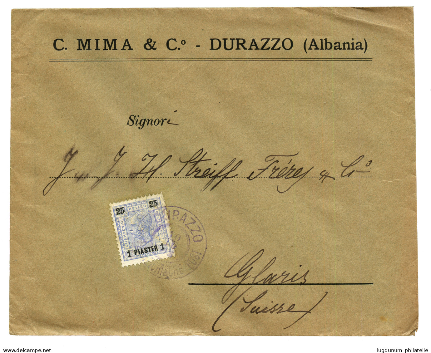 ALBANIA - DURAZZO : 1903 1p On 25H Canc. DURAZZO On Commercial Envelope To SWITZERLAND. Vf. - Levante-Marken