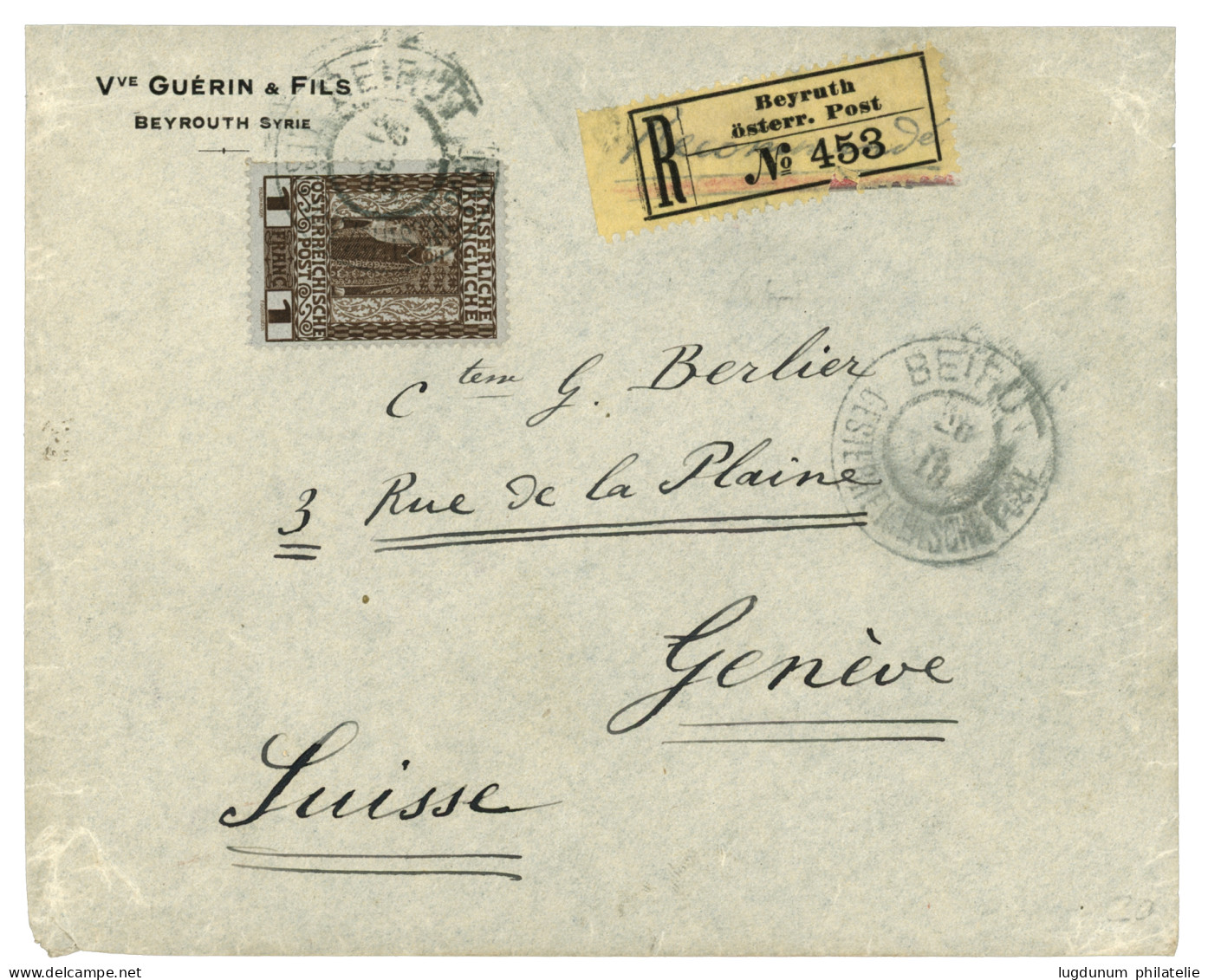 BEYROUTH : 1913 1 FRANC Canc. BEIRUT On REGISTERED Envelope  To SWITZERLAND. Vf. - Eastern Austria