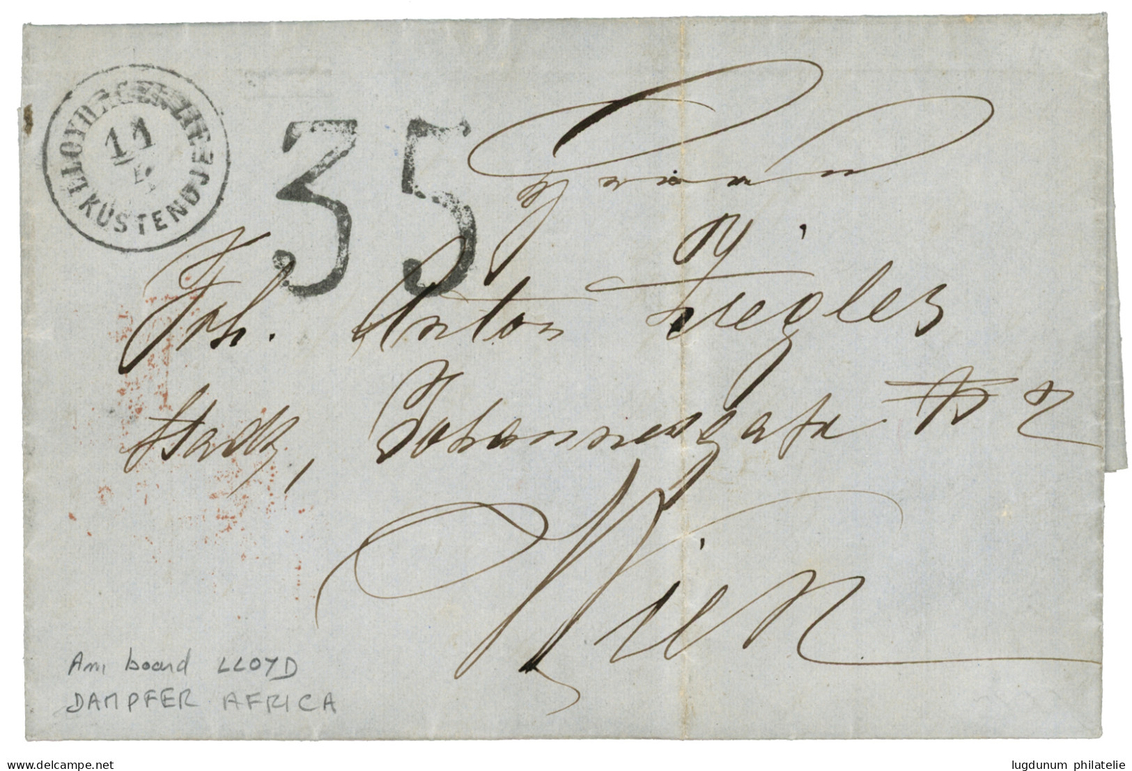 "KUSTENDJE - DAMPFER AFRICA" : 1865 LLOYD AGENZIE KUSTENDJE + Rare 35 Tax Marking (special Type) On Entire Letter Dateli - Oostenrijkse Levant