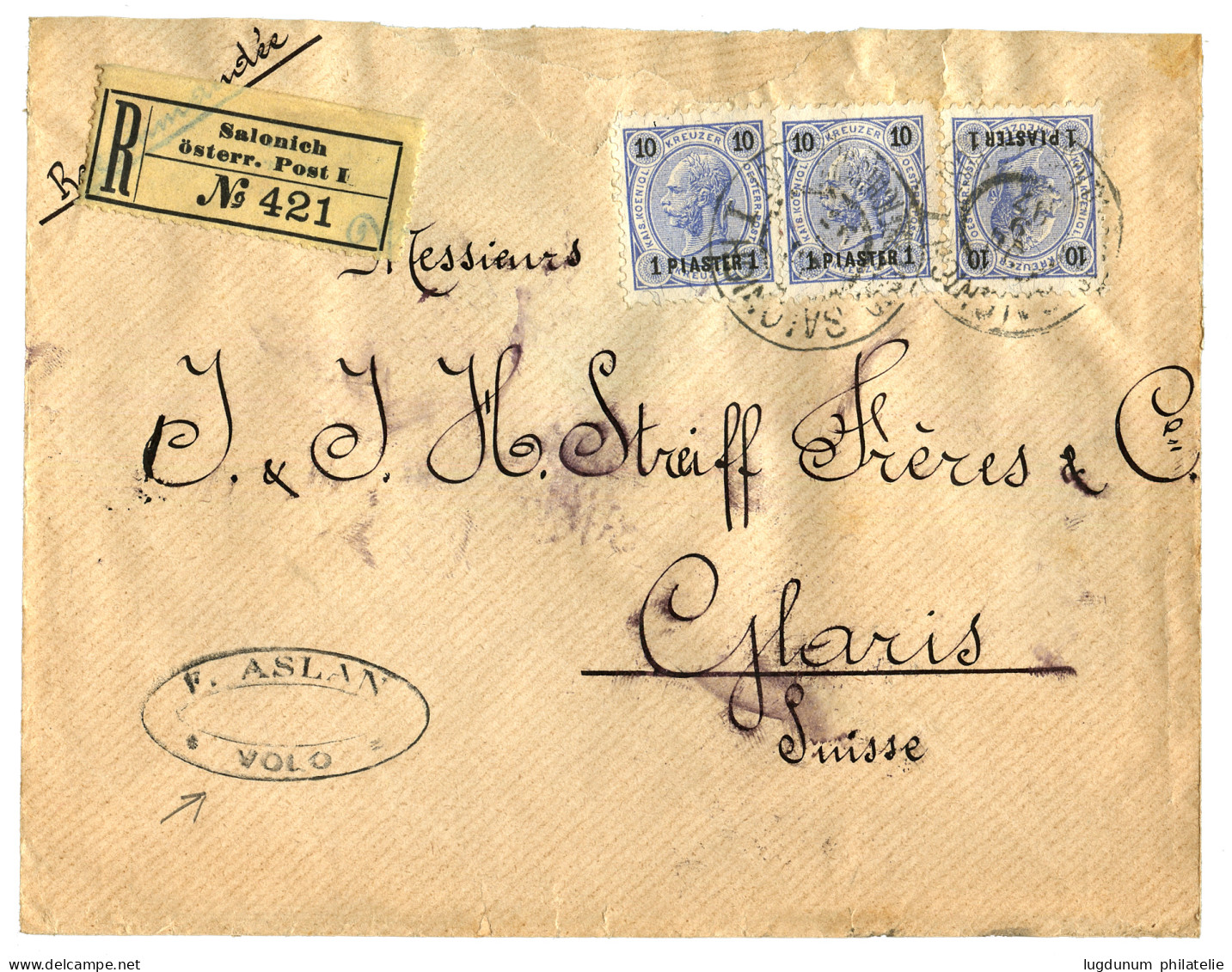 VOLO Via SALONIQUE : 1897 1P (x3) Canc. SALONICH I On REGISTERED Envelope From VOLO To SWITZERLAND. Vf. - Oostenrijkse Levant