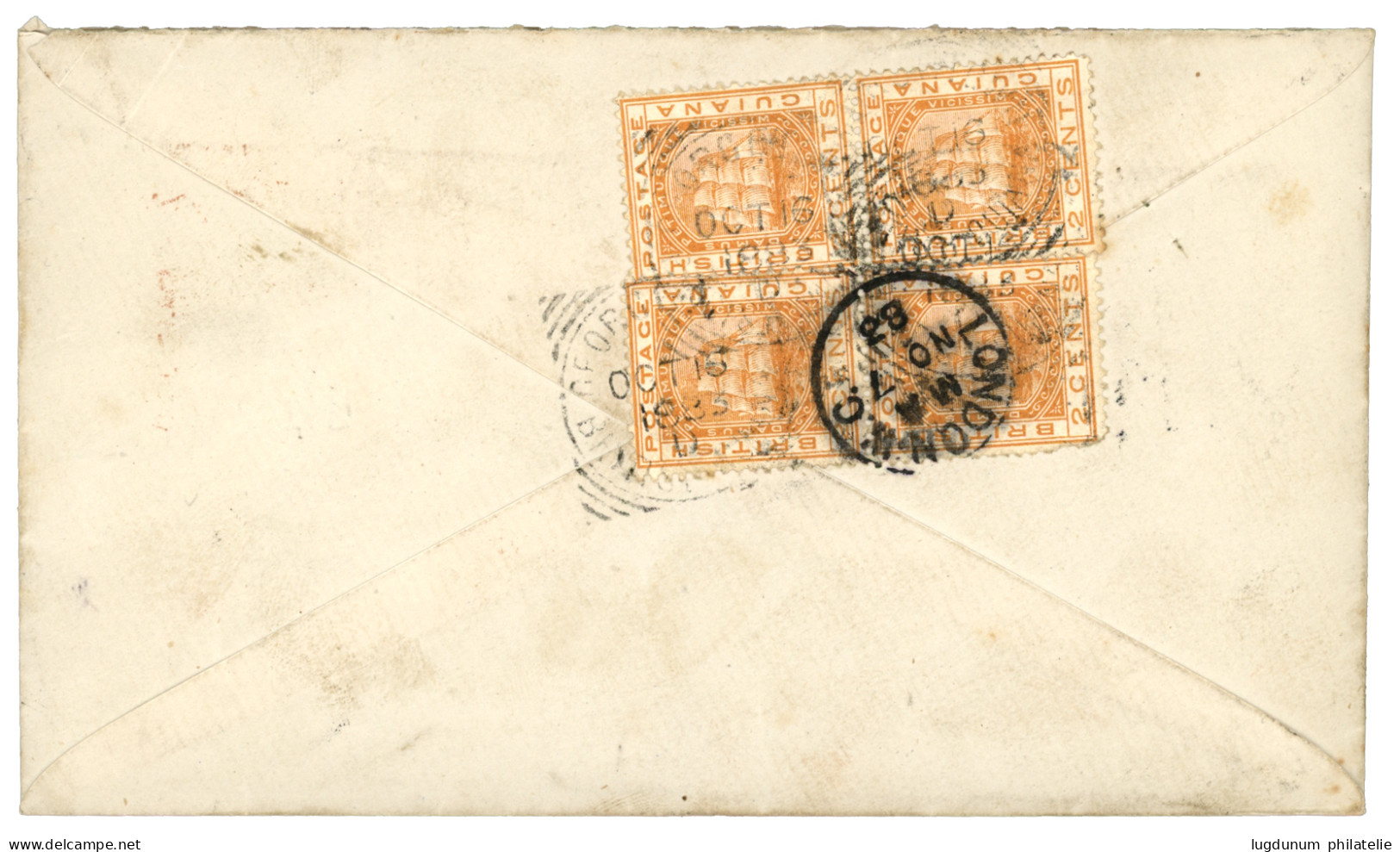 BRITISH GUIANA : 1883 2c Orange Block Of 4 (1 Stamp With Fault) Canc. GEORGETOWN On Reverse Of Envelope To ENGLAND. Rare - Guayana Británica (...-1966)