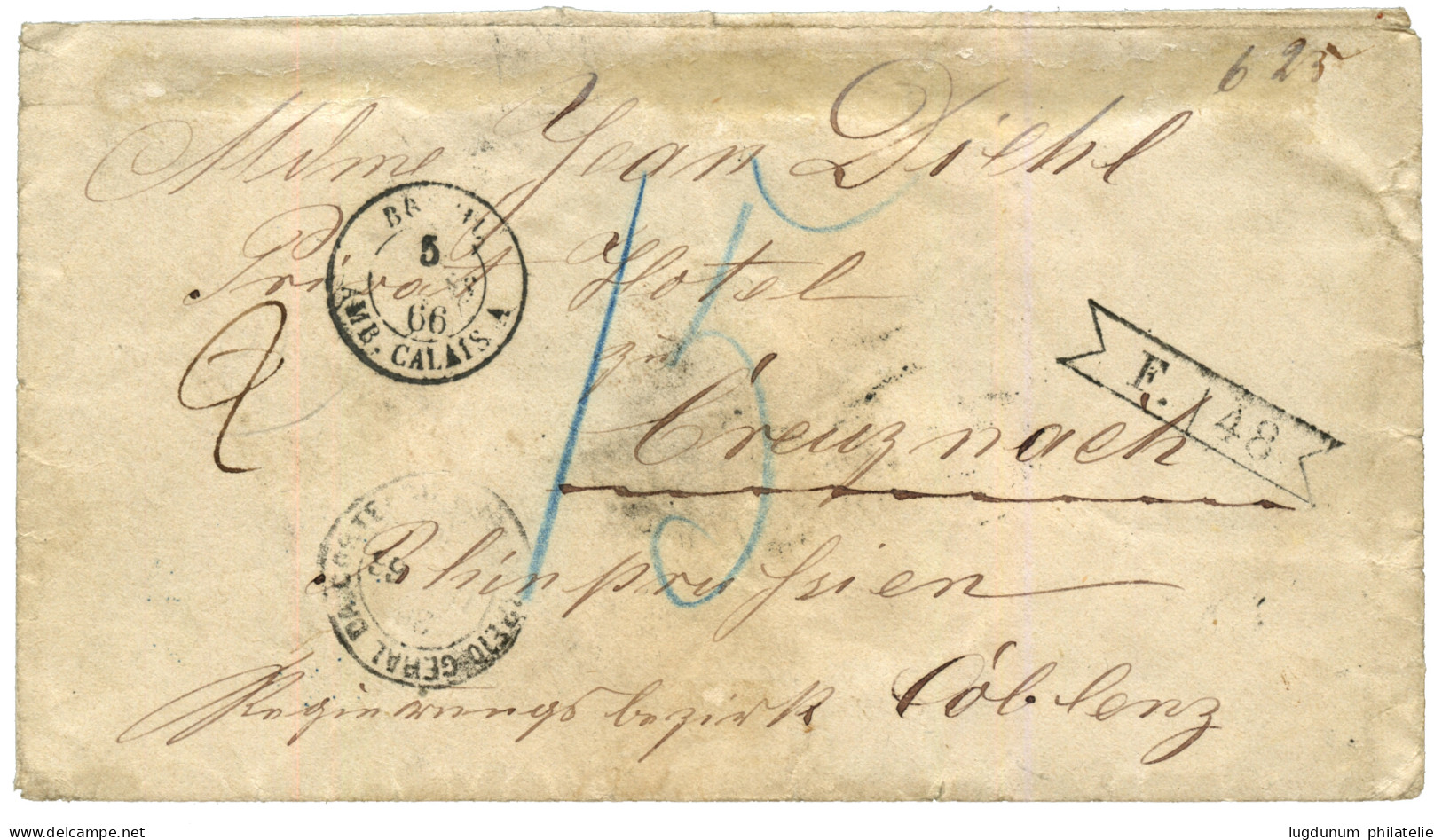 BRAZIL : 1866 Rare Exchange Mark F./48 + On Reverse BRAZIL Pair Of 30R + 90r + INSUFFICIENTE On Envelope To CREUZNACH (P - Autres & Non Classés