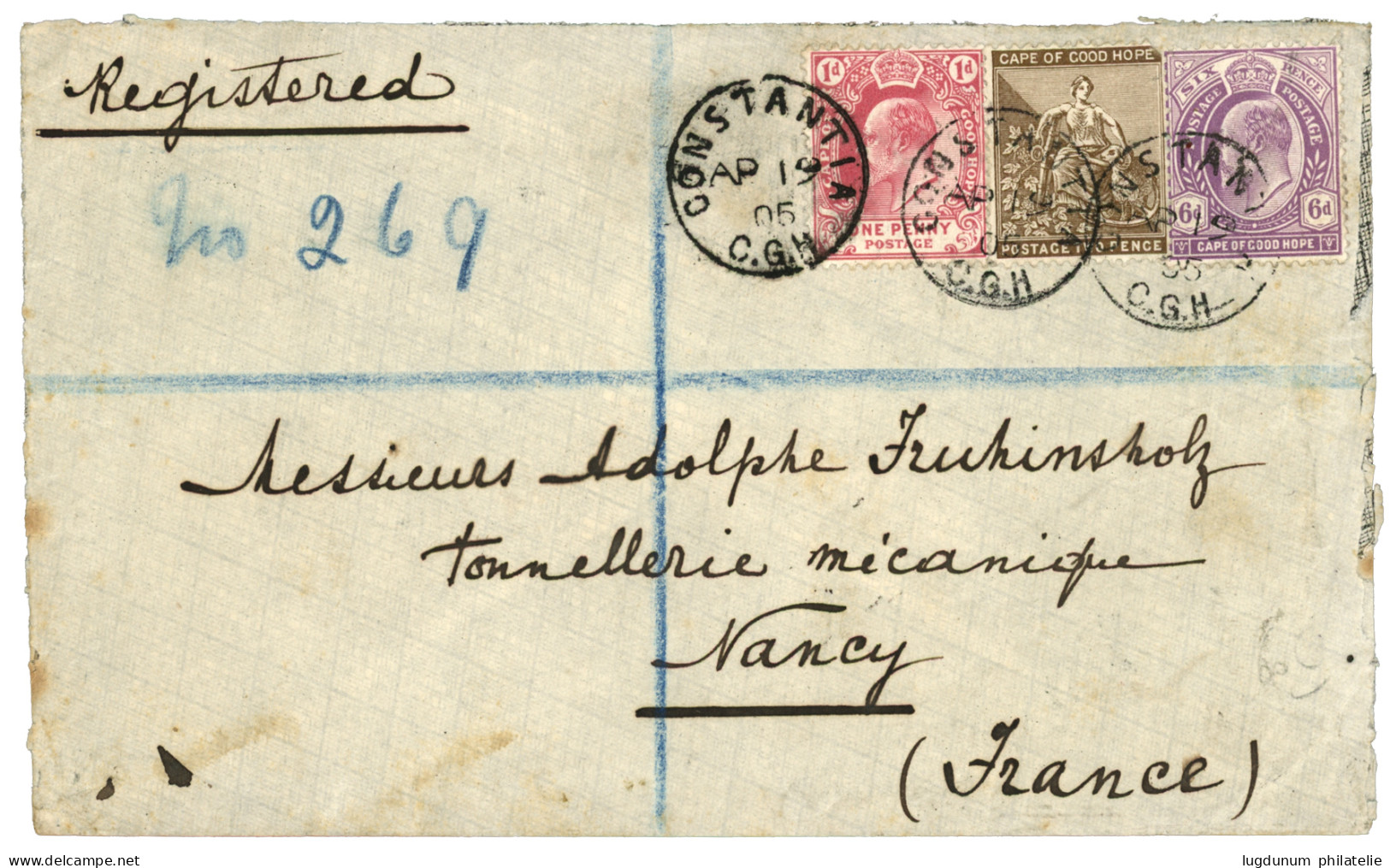 CAPE OF GOOD HOPE : 1905 1d+ 4d + 6d (2 Different Issues) Canc. CONSTANTIA CGH On Cover To FRANCE. Vf. - Cabo De Buena Esperanza (1853-1904)