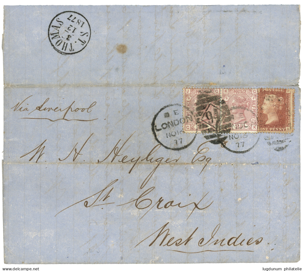 GREAT BRITAIN To DANISH WEST INDIES : 1877 GB 1d + 2 1/2d (x2) On Cover From LONDON To STE CROIX WEST INDIES. Verso, Sup - Other & Unclassified