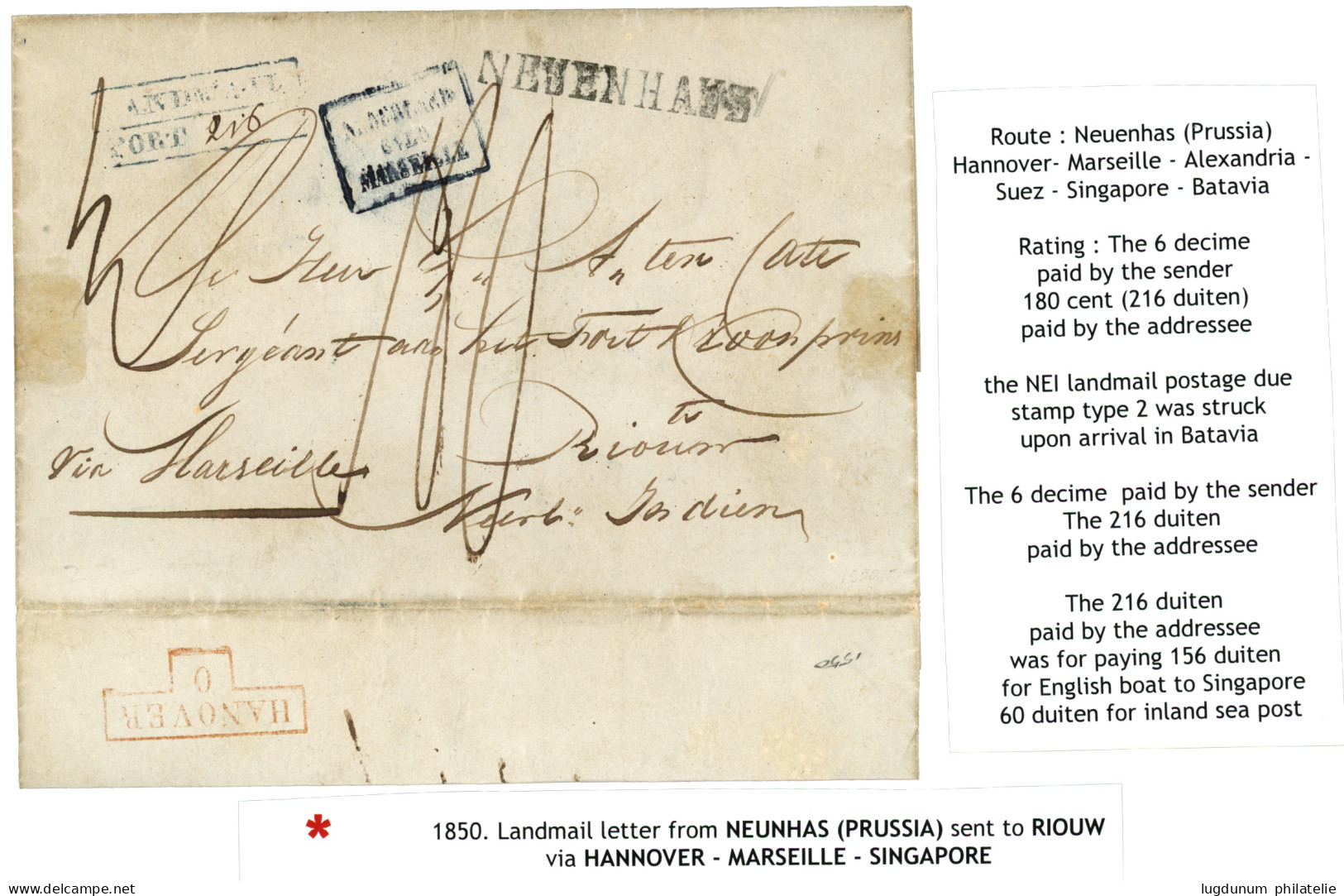 NEUENHAUS To RIOUW : 1850 NEUENHAUS + Boxed LANDMAIL/PORT '216" On Entire To RIOUW (NETHERLANDS INDIES). Verso, HANNOVER - Other & Unclassified