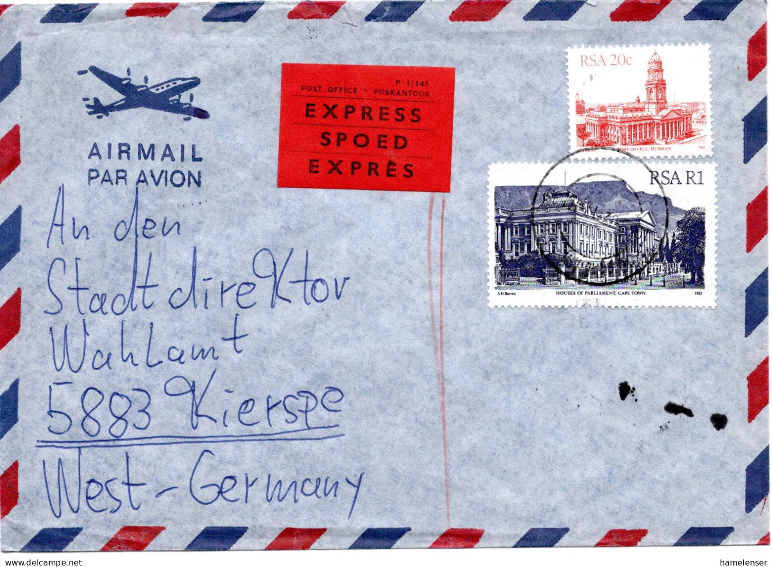 74870 - Südafrika - 1983 - 1R Parlament MiF A EilLpBf DURBAN -> Westdeutschland - Storia Postale