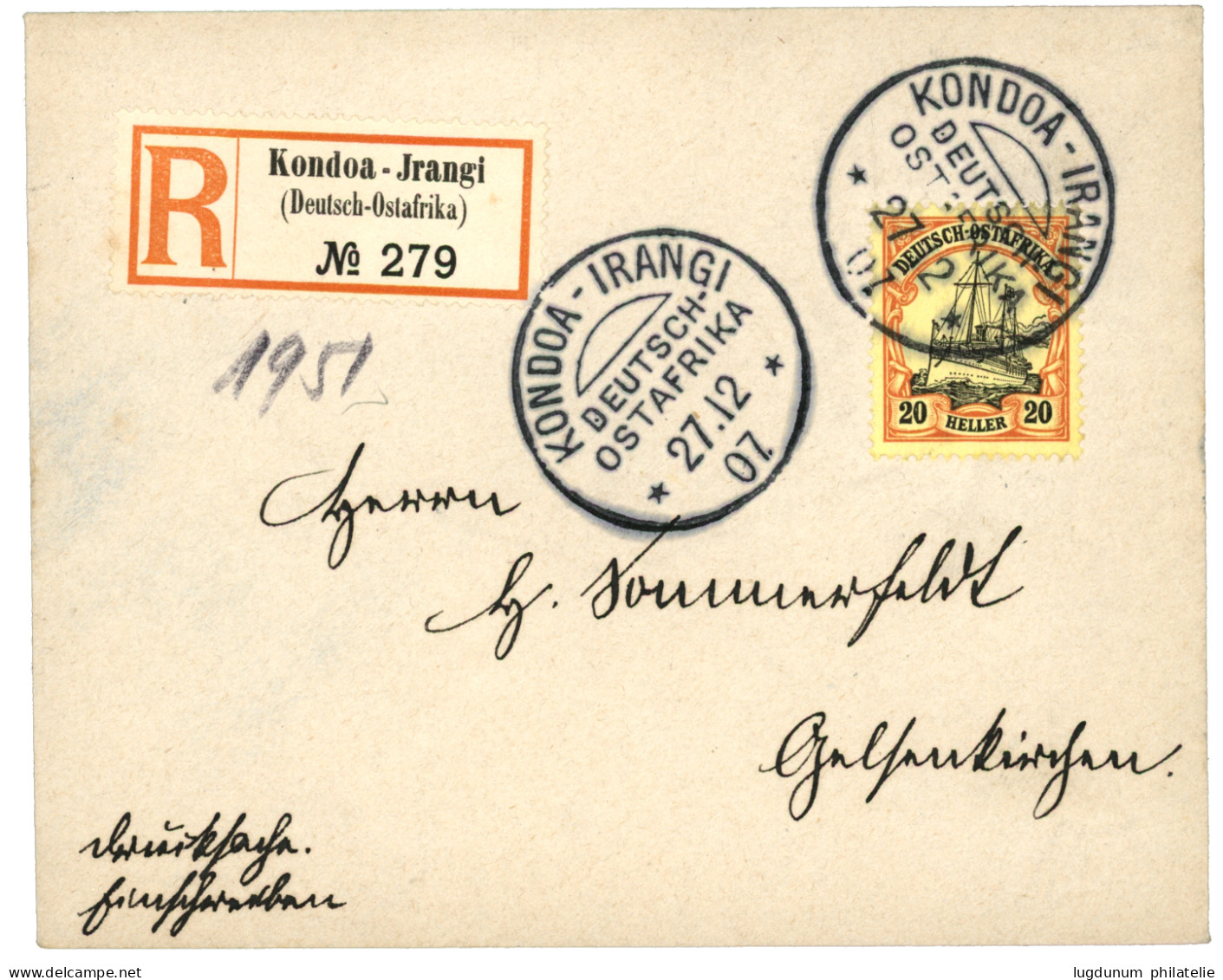 DSWA - KONDOA-IRANGI : 1907 20h Canc. KONDA-IRANGI On REGISTERED Envelope To GERMANY. Luxus. - Duits-Zuidwest-Afrika