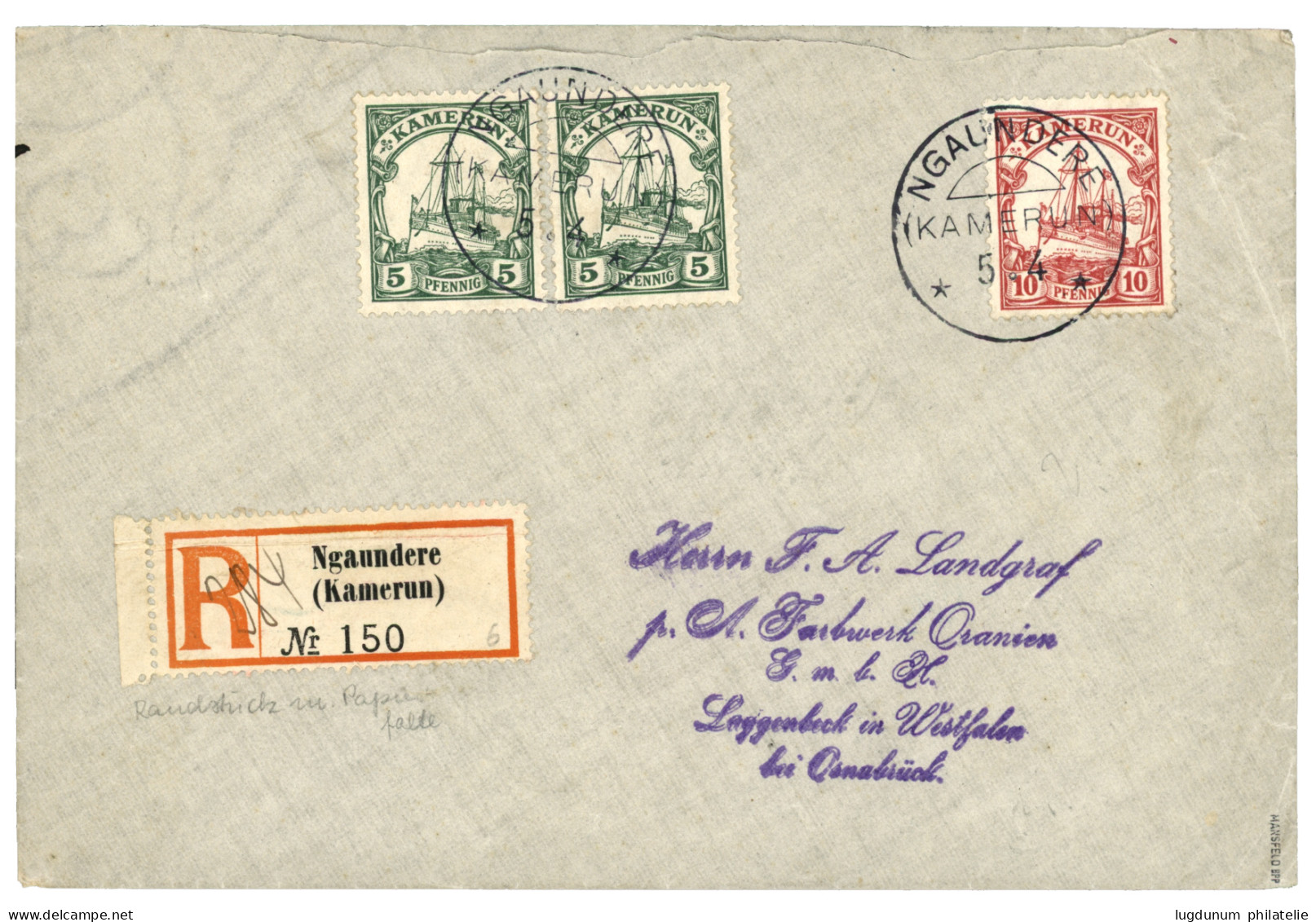NGAUNDERE : 1913 5pf (x2)+ 10pf Canc. NGAUNDERE On REGISTERED Envelope To GERMANY. Rare Post Office.. Vvf. - Kameroen