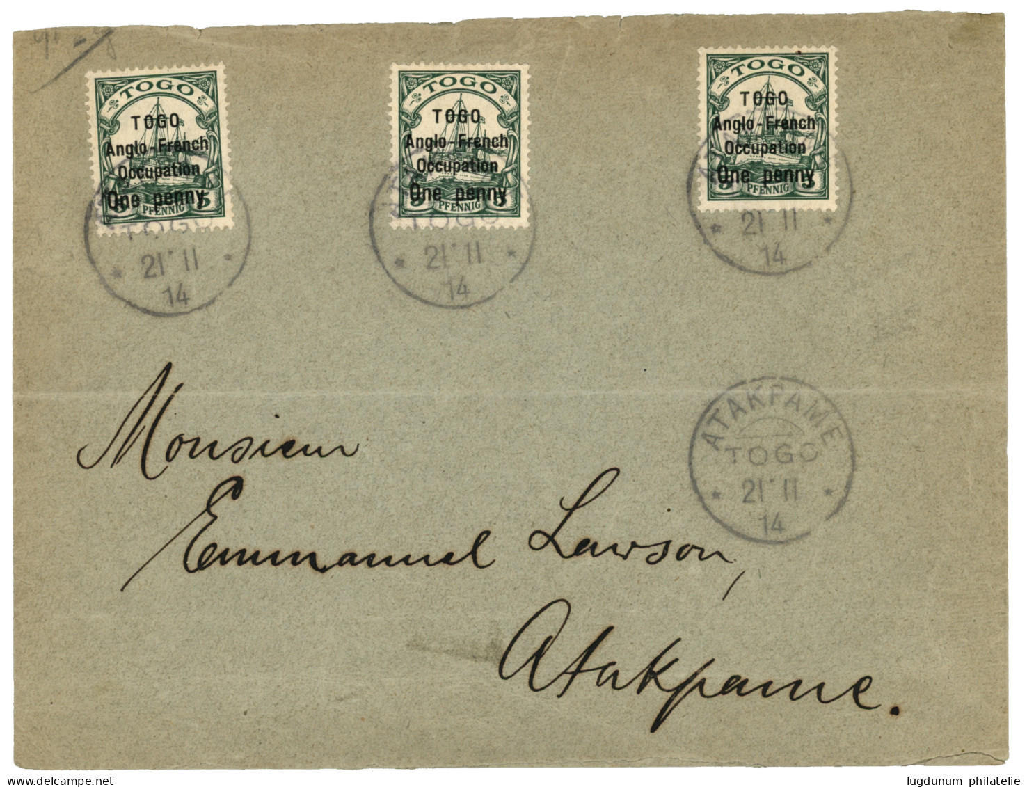 TOGO ANGLO-FRENCH OCCUPATION : 1914 1d On 5pf (x3) Canc. ATAKPAME On Local Envelope. Vvf. - Togo