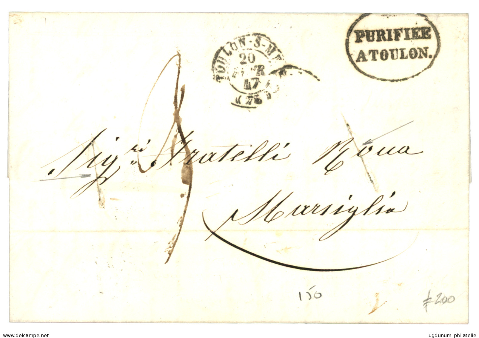 GREECE - CRETE : 1847 PURIFIE A TOULON + TOULON-S-MER On Entire Letter From CANEA To FRANCE. Superb. - Autres & Non Classés