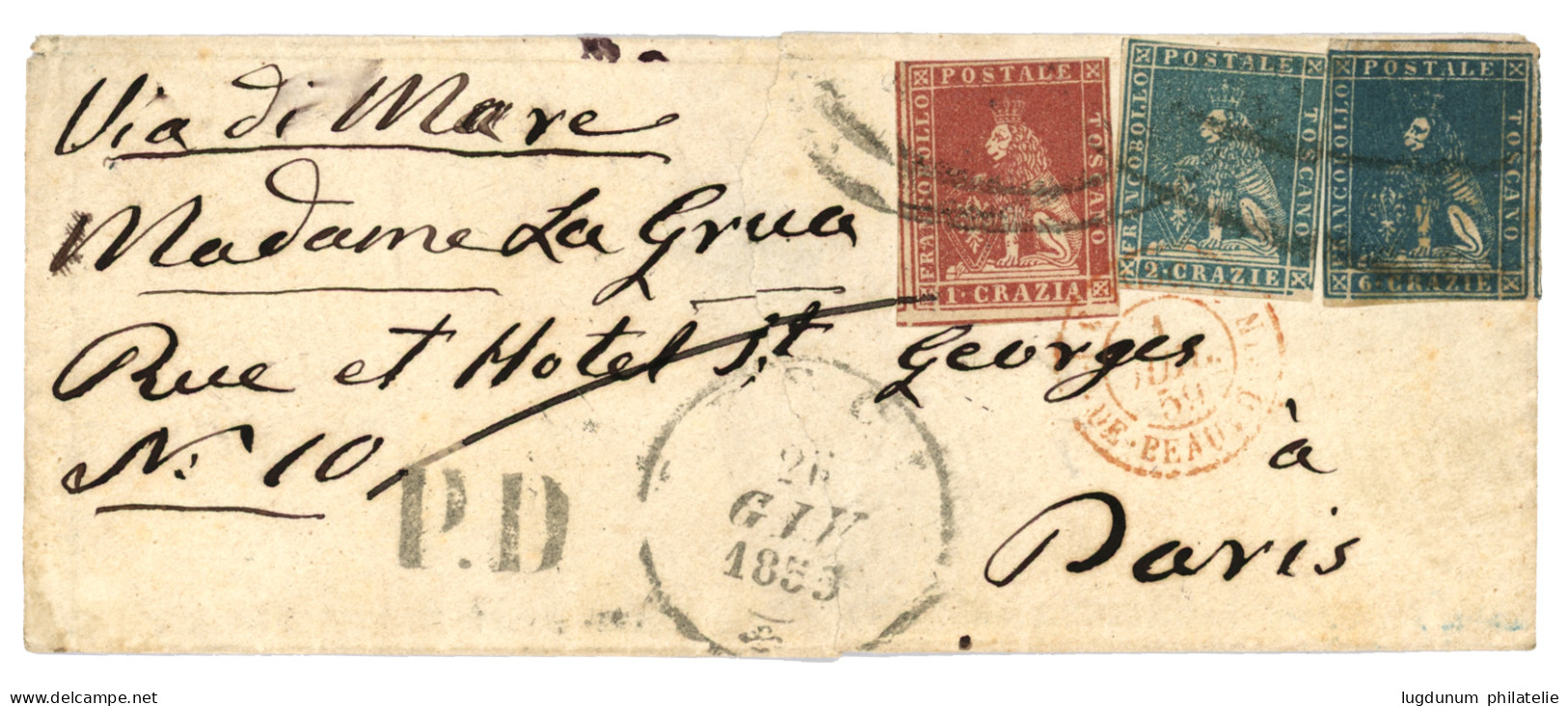 TOSCANY : 1859 1c + 2c + 6c Canc. On Envelope To PARIS (FRANCE). Vf. - Unclassified