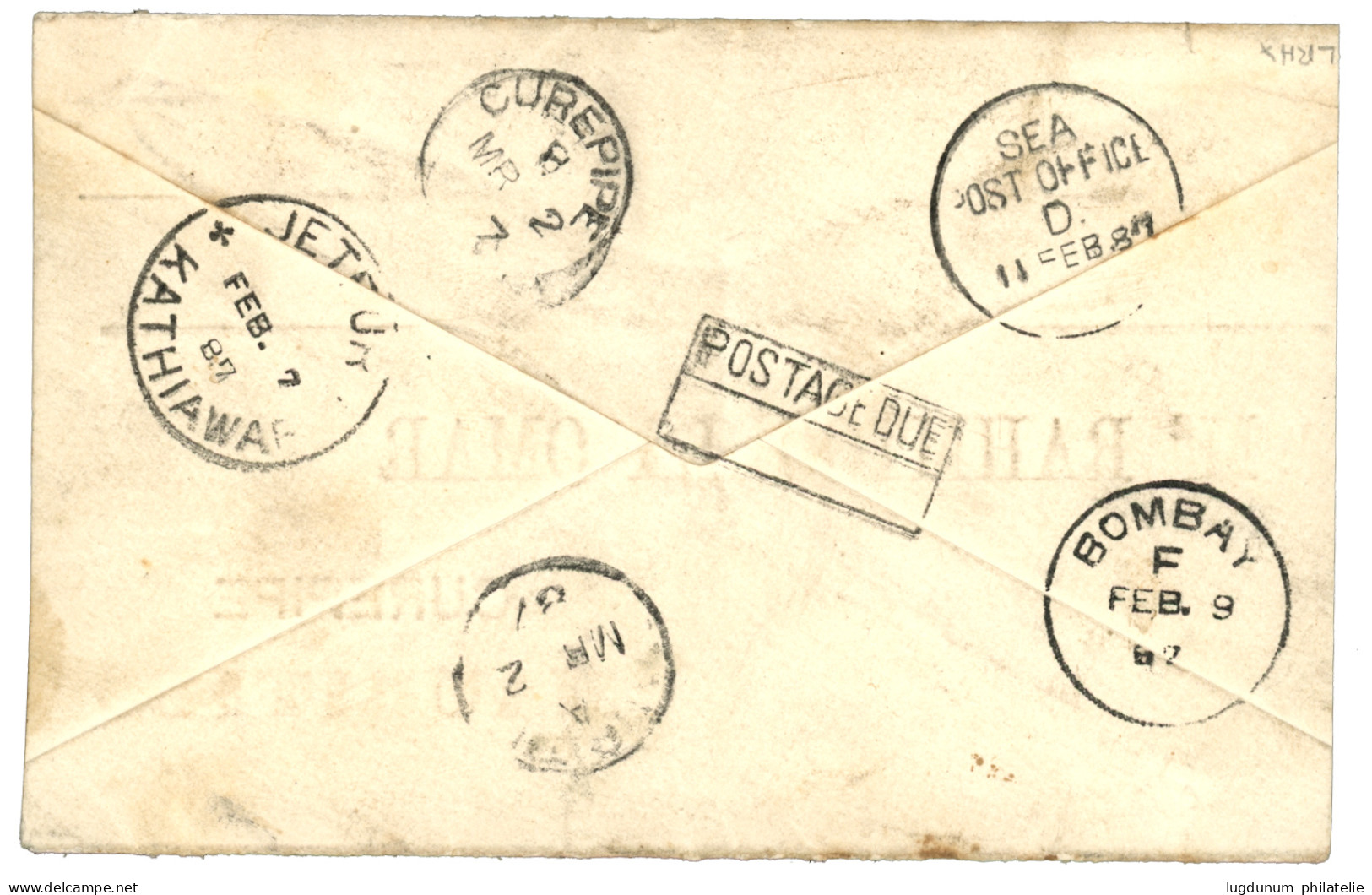 INDIA To MAURITIUS : 1887 Rare Tax Marking  26c TO PAY + T On Envelope From JETPUR KATHIAWAR (INDIA) To CUREPIPE MAURITI - Mauritius (...-1967)