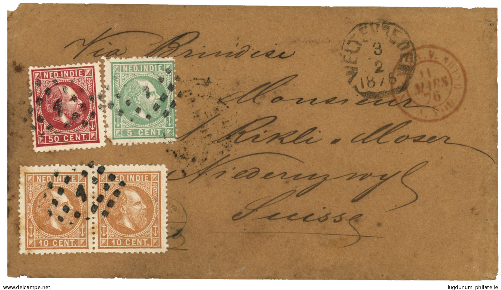 NETH. INDIES : 1875 5c (small Fault) + Pair 10c + 50c Canc. 1 + WELTEVREDEN On Cover VIA BRINDISI To SWITZERLAND. Vf. - Niederländisch-Indien