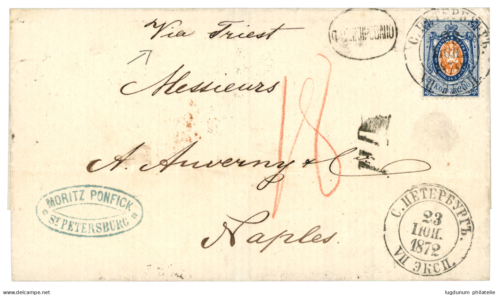 RUSSIA : 1872 20k On Cover From ST PETERSBURG To NAPLES (ITALIE). Superb. - Other & Unclassified