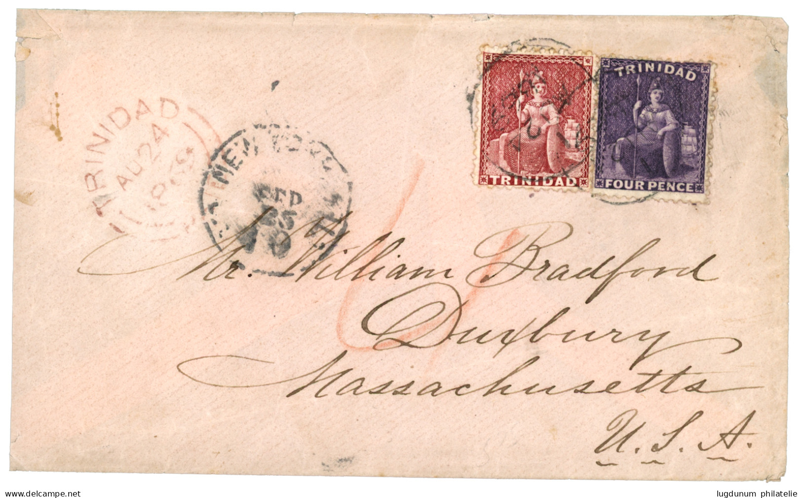 TRINIDAD :  1869 1d + 4d + TRINIDAD PAID Red On Envelope To UNITED STATES. Verso, ST THOMAS. Vf. - Trinidad Y Tobago