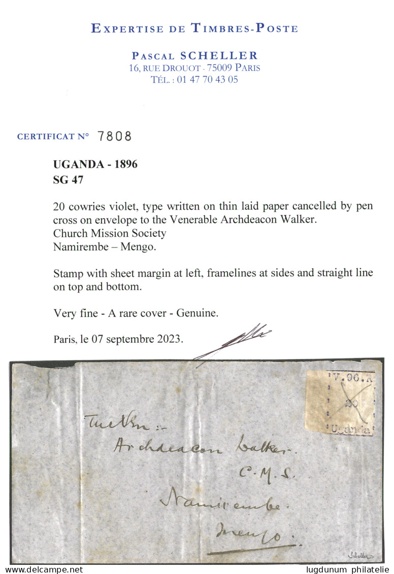UGANDA : 1896 20 V.96.R (SG 47) With Sheet Margin Canc. By Pen Cross On Envelope Written In The Hand Of Rev. M.J. HALL A - Uganda (...-1962)