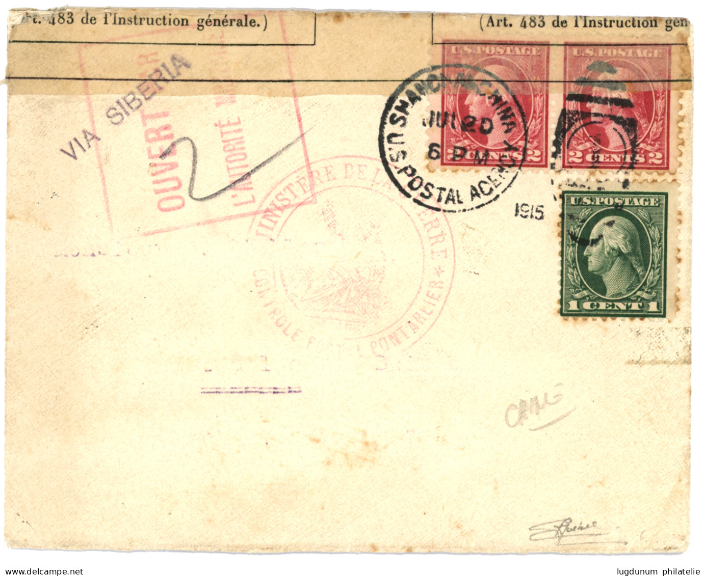 USA - CHINA : 1920 1c + 2c(x2) Canc. SHANGHAI CHINA POSTAL AGENCY + VIA SIBERIA On CENSORED Envelope. Vf. - Autres & Non Classés