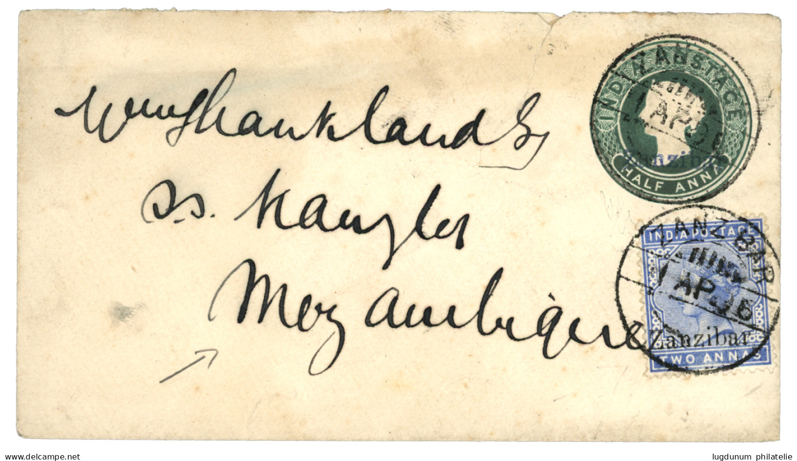 ZANZIBAR To MOZAMBIQUE : 1896 INDIA Overprint ZANZIBAR P./Stat 1/2a + 2a Canc. ZANZIBAR To MOZAMBIQUE. Scarce. Vvf. - Zanzibar (...-1963)