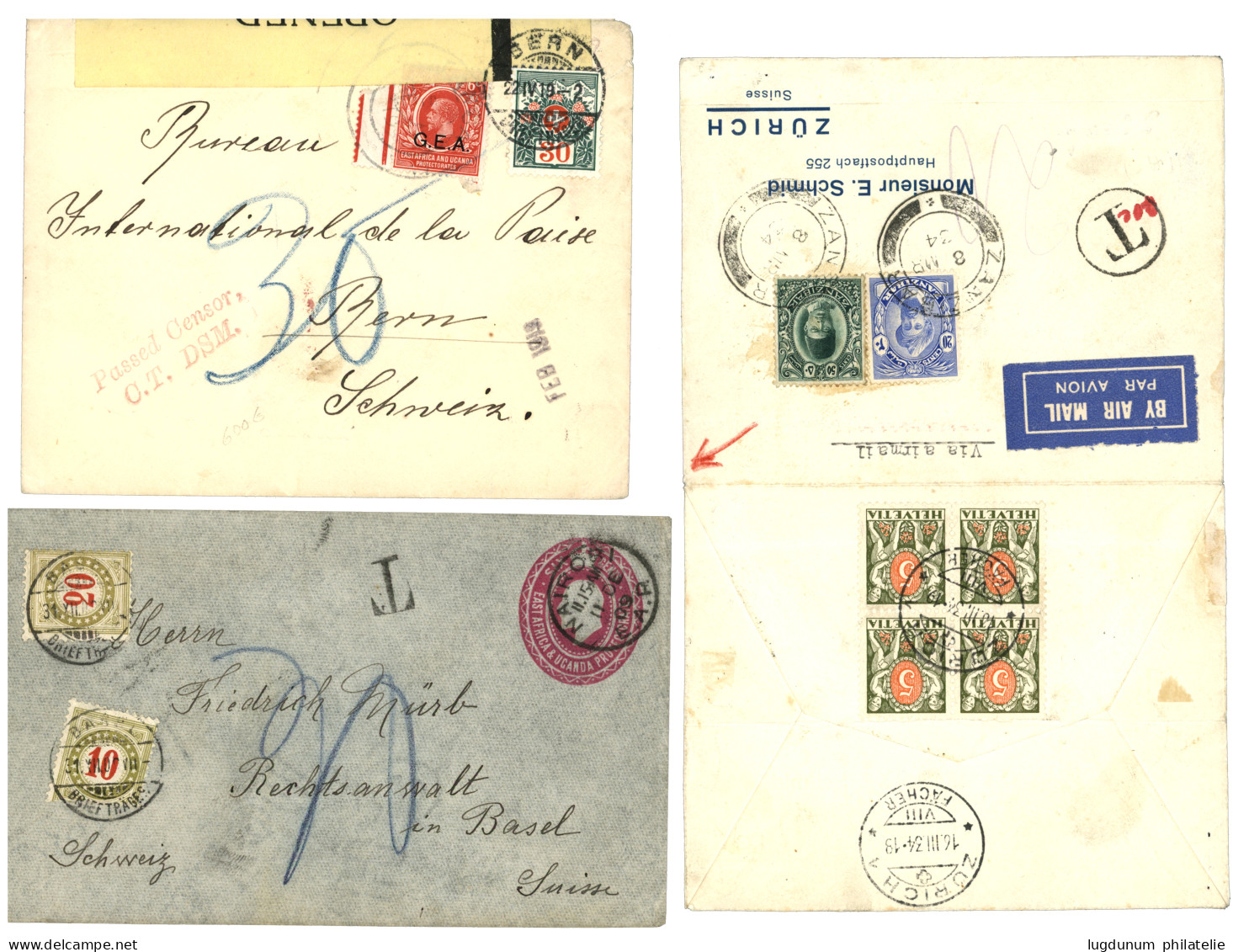 BRITISH EAST AFRICA - ZANZIBAR : 1909/34 Lot 3 Covers With SWISS POSTAGE DUES. Vvf. - Zanzibar (...-1963)