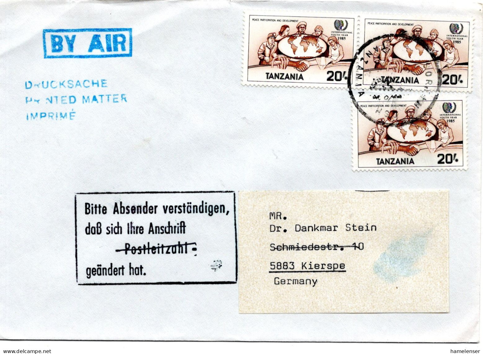 74872 - Tansania - 1985 - 3@20'- Jahr Der Jugend A LpDrucksBf SORTING DSM -> Westdeutschland, M Dt Posthinweisstpl - Tanzanie (1964-...)