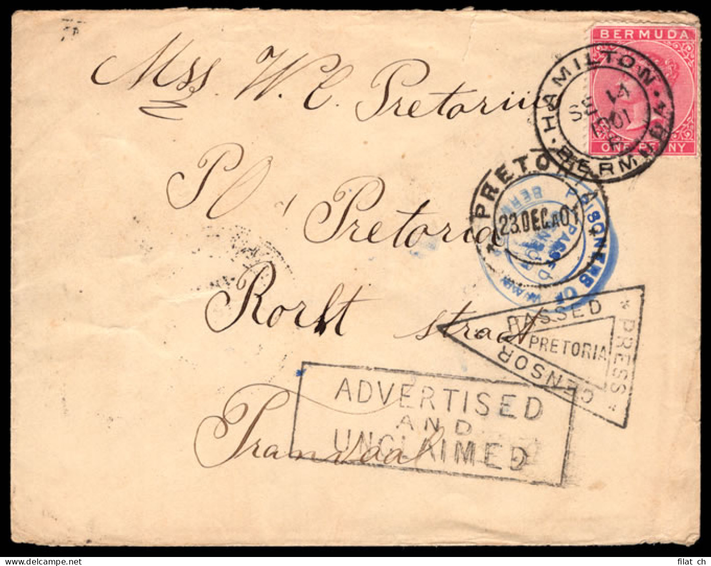 Bermuda 1901 POW Envelope, Un-Numbered Censor, Unclaimed - Bermuda