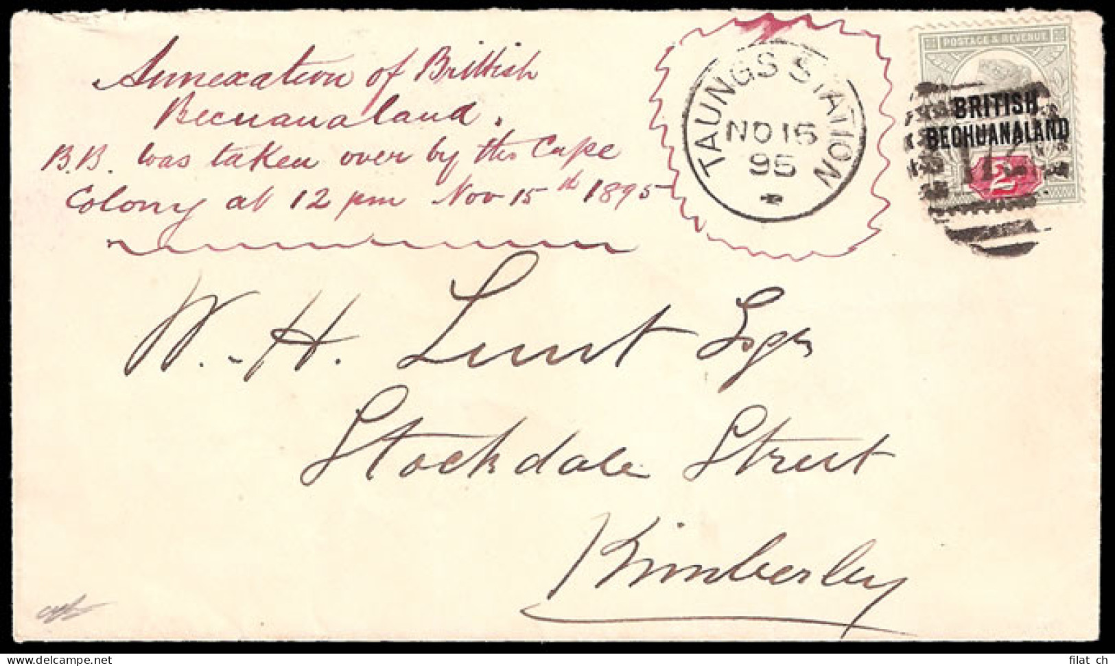 Bechuanaland 1895 Last Day Of Use BB Franking From Taungs - Altri & Non Classificati