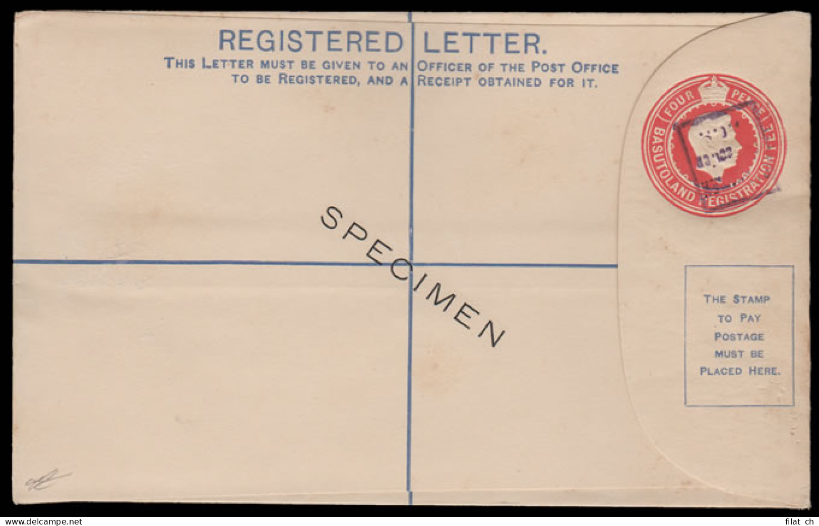 Basutoland 1937 KGVI 4d Envelope Receiving Authority Specimen - Autres & Non Classés