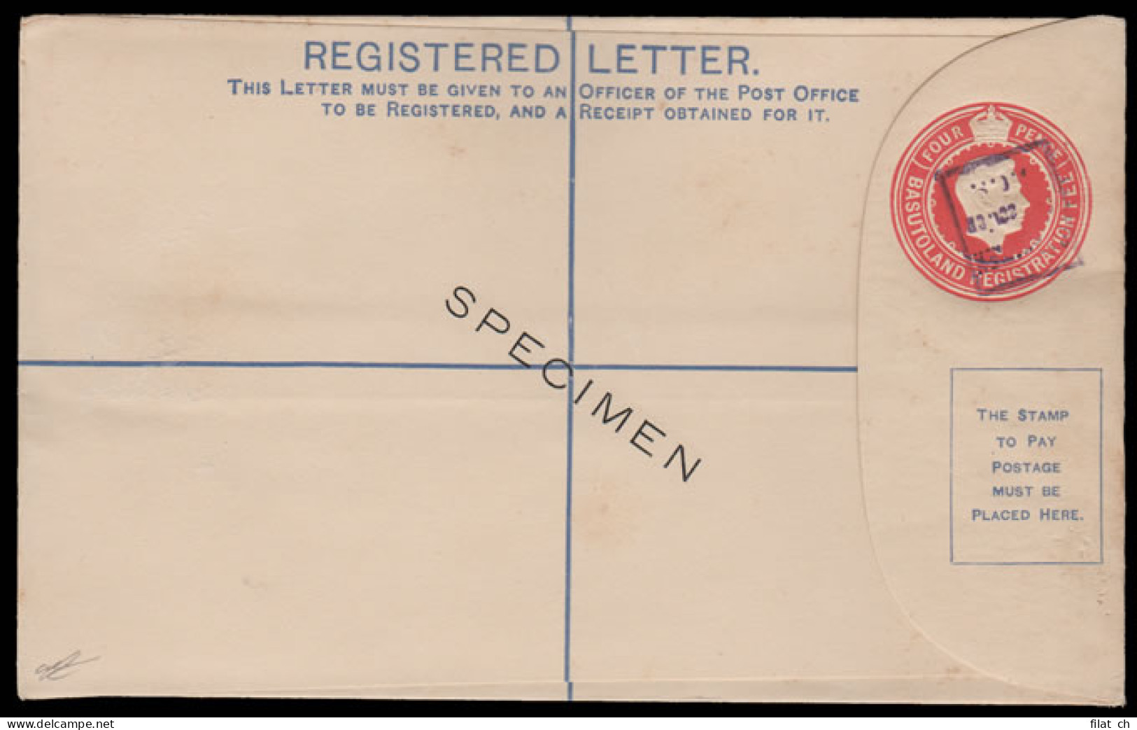 Basutoland 1937 KGVI 4d Envelope Receiving Authority Specimen - Sonstige & Ohne Zuordnung