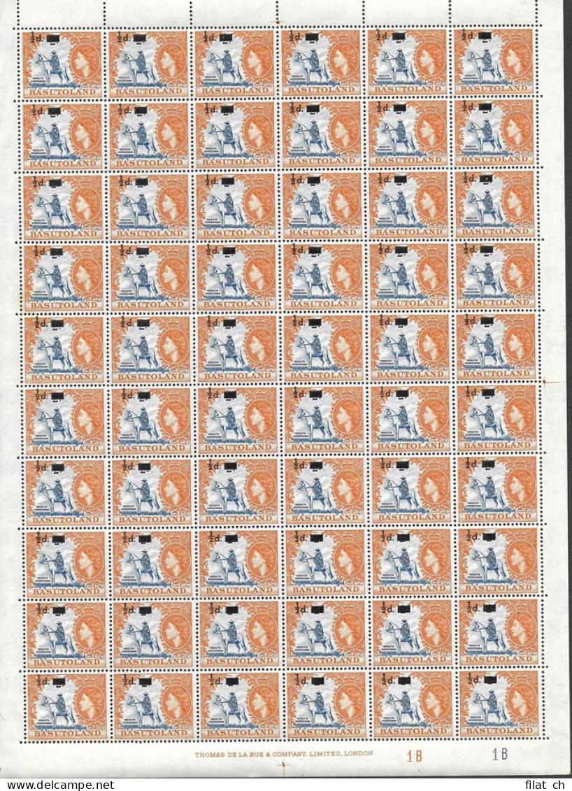 Basutoland 1959 &frac12;d On 2d Full Sheet With Imprints Etc - Other & Unclassified