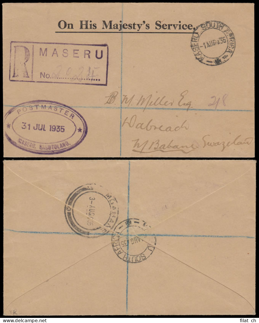 Basutoland 1935 Official Mail Maseru To Swaziland - Altri & Non Classificati