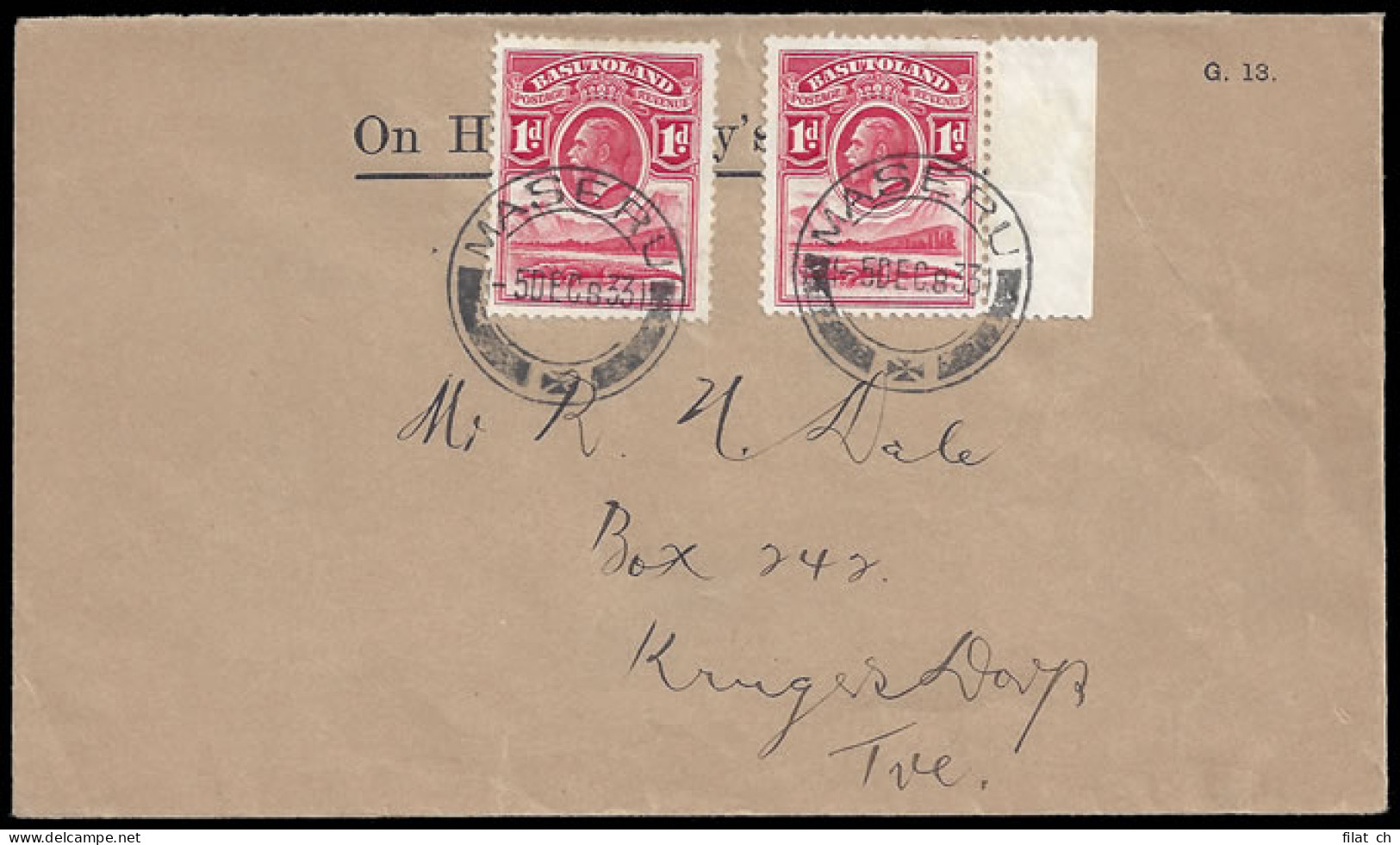 Basutoland 1933 Official Mail Maseru To Krugersdorp - Other & Unclassified