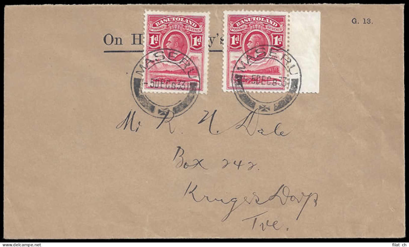 Basutoland 1933 Official Mail Maseru To Krugersdorp - Autres & Non Classés