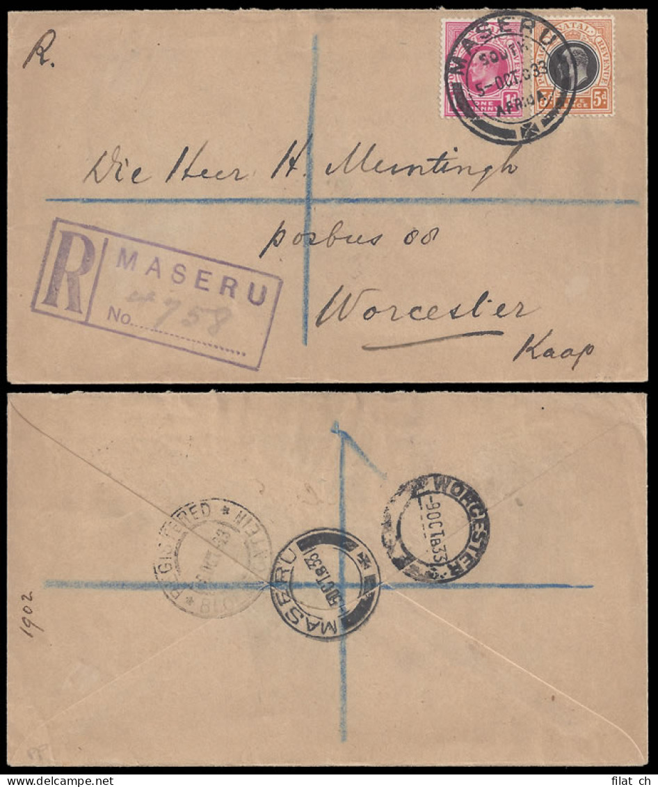 Basutoland 1933 Maseru To Worcester, Natal Franking - Andere & Zonder Classificatie