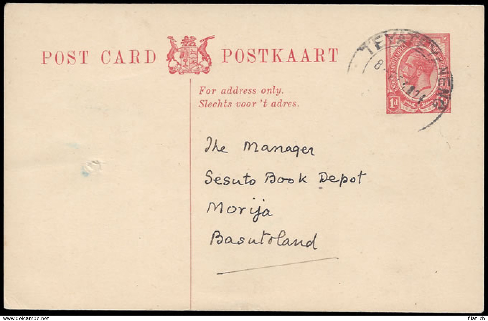 Basutoland 1924 SA KGV 1d Postcard Teyateyaneng To Morija - Other & Unclassified