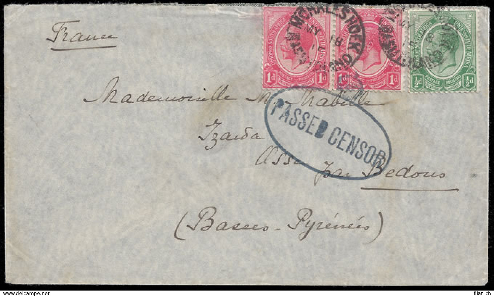 Basutoland 1915 Censored Cover Mohaleshoek To France - Sonstige & Ohne Zuordnung