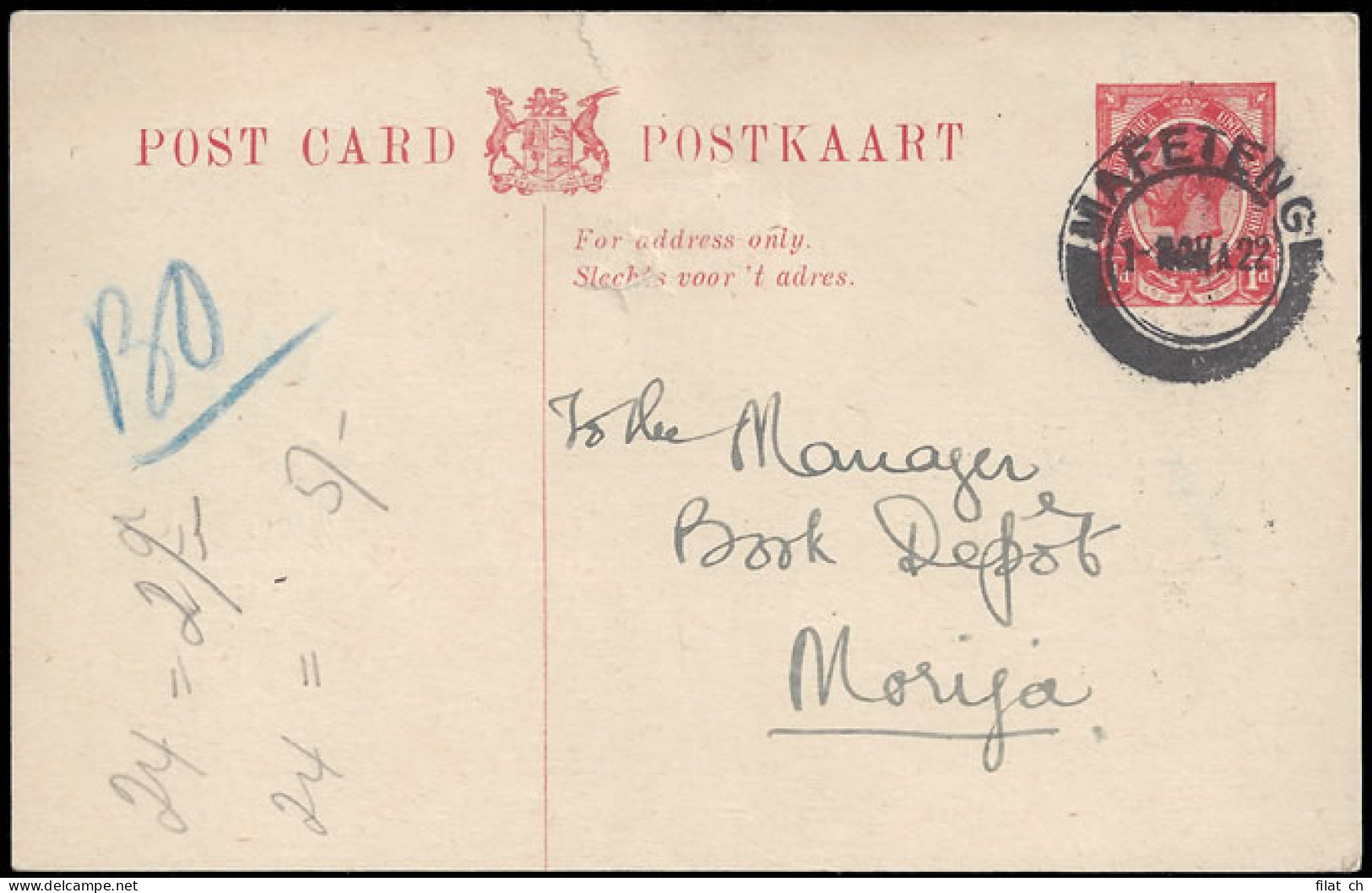 Basutoland 1922 SA KGV 1d Postcard To Morija - Autres & Non Classés