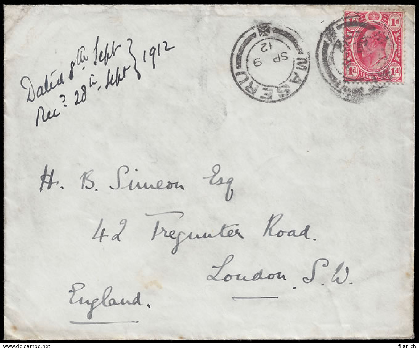 Basutoland 1912 Envelope Franked Transvaal KEVII 1d  - Otros & Sin Clasificación