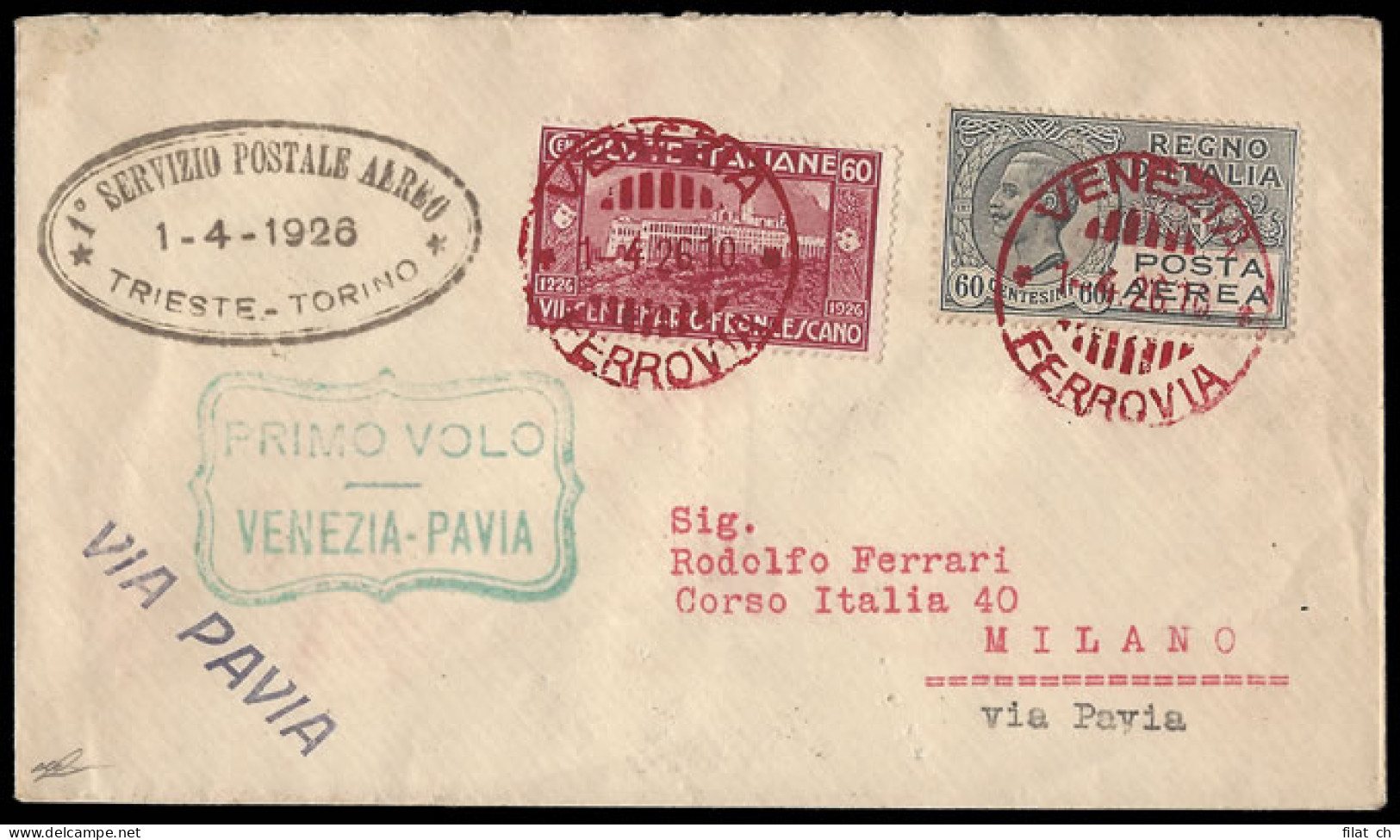 Italy 1926 Turin - Trieste Airmail, Stage Venice To Milan - Airmail