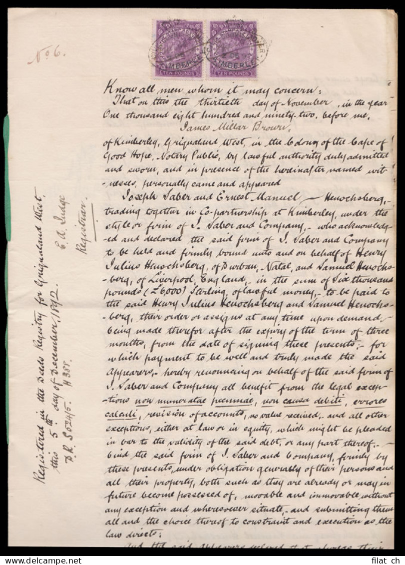 Griqualand West 1892 Handwritten Mortgage Bond - Griqualand Ouest (1874-1879)