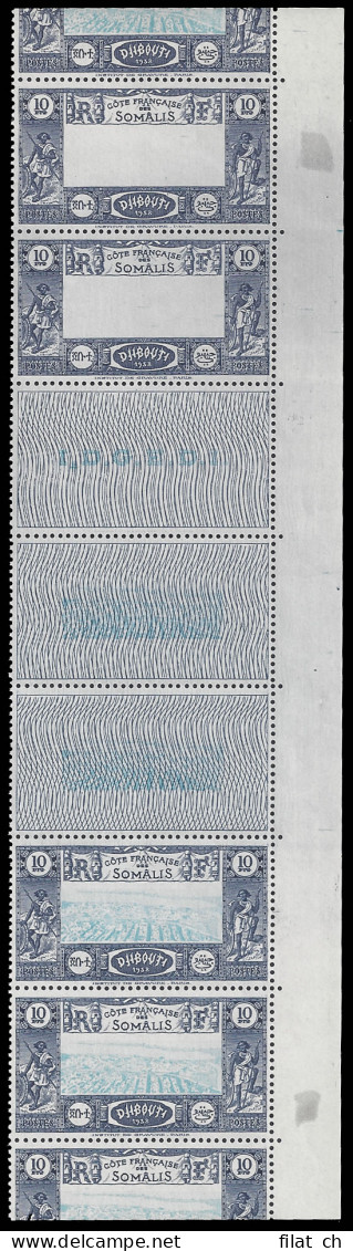 French Somali Coast: 1938 10Fr Centres Omitted Strip - Somaliland (Protectorate ...-1959)